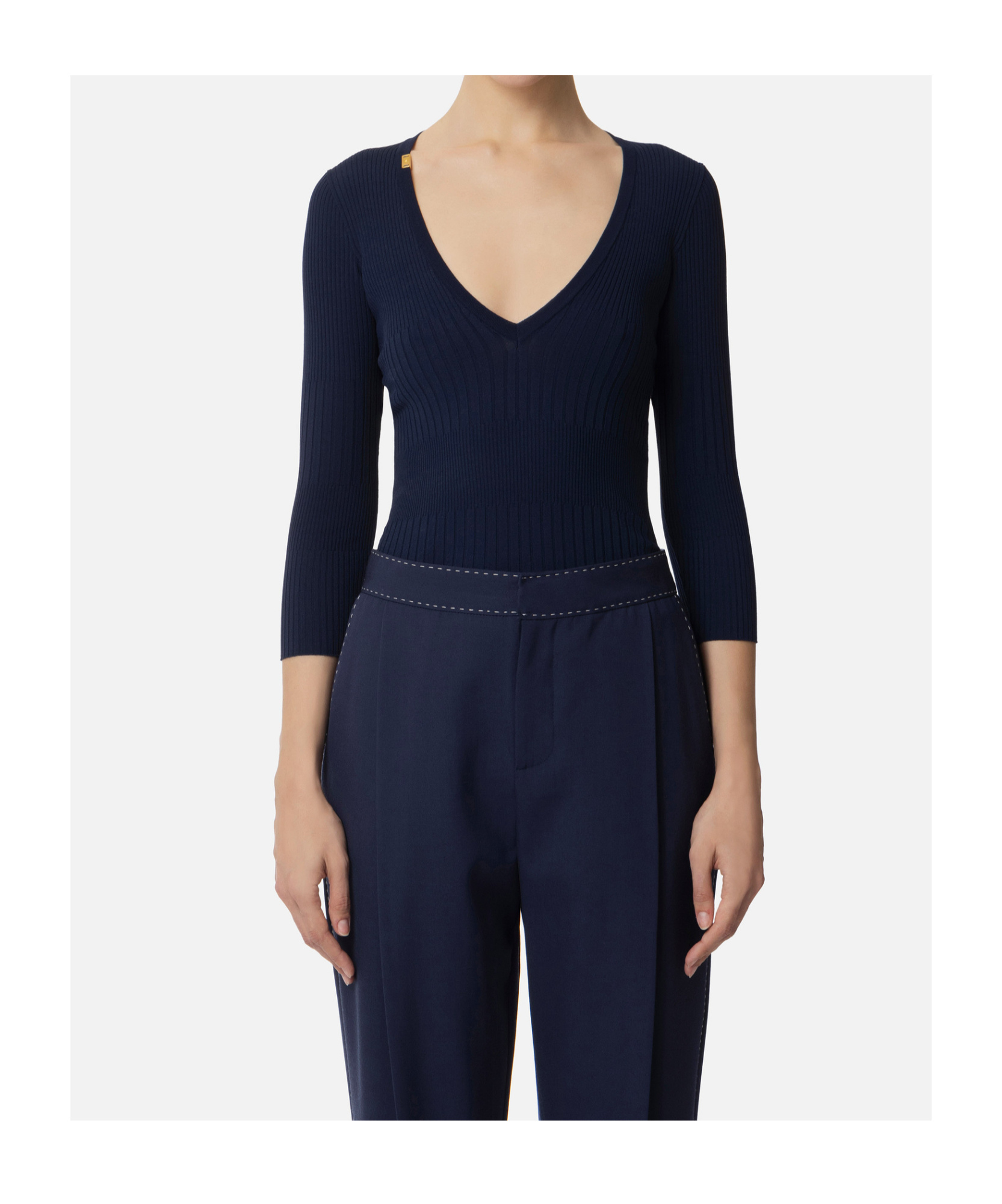 Elisabetta Franchi Ribbed V-neck Sweater In Blue