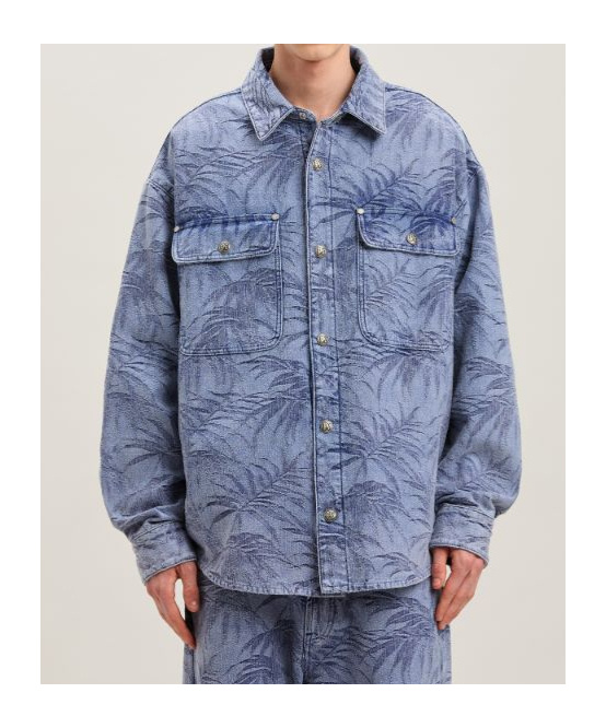 Palm Angels Palm Jacqured Denim Shirt In Blue