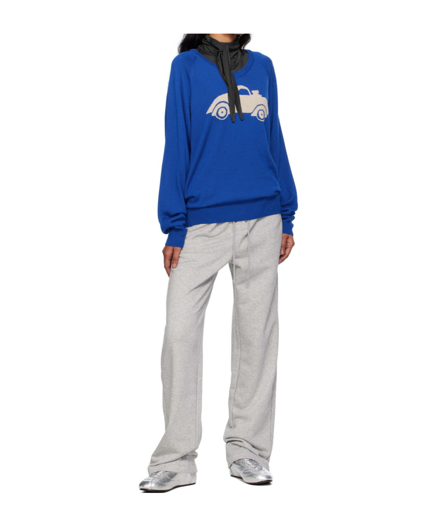 Open Yy Car Pattern Knitted Sweater In Blue