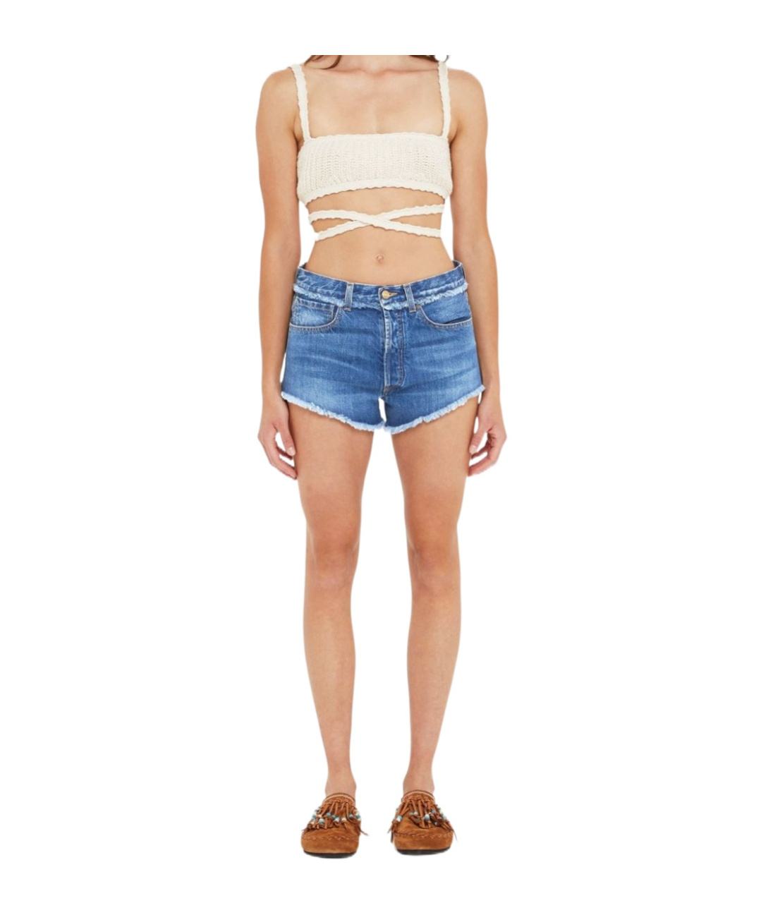 Alanui Fringed Cotton-denim Shorts In Blue
