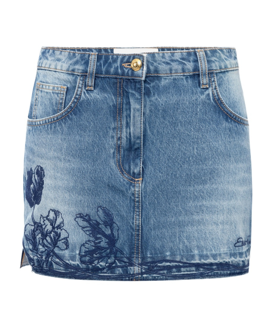 Elisabetta Franchi Denim Miniskirt With Floral Embroidery In Light Denim