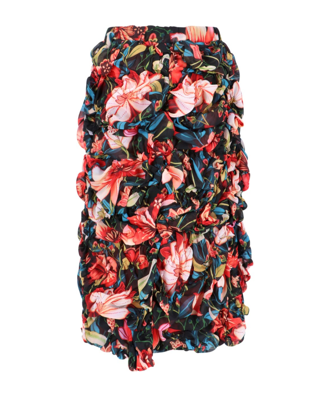 Comme Des Garçons Floral-print Ruched Midi Skirt In Red