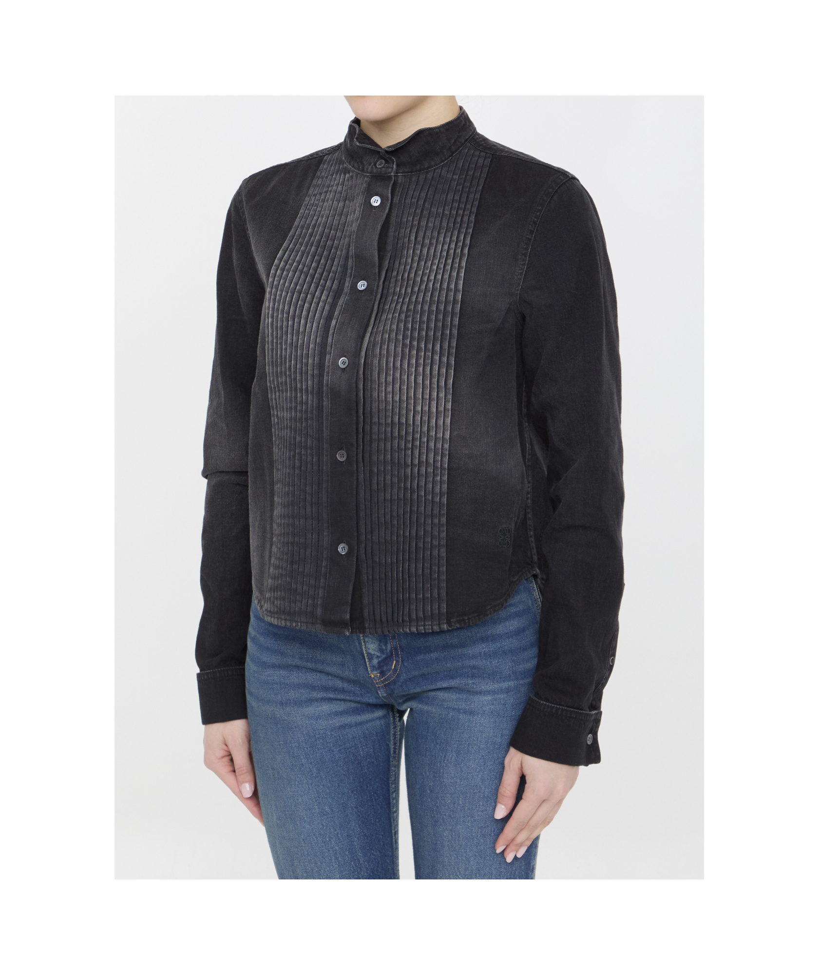 Loewe Pleated Bib Front Denim Cropped Shirt In Black