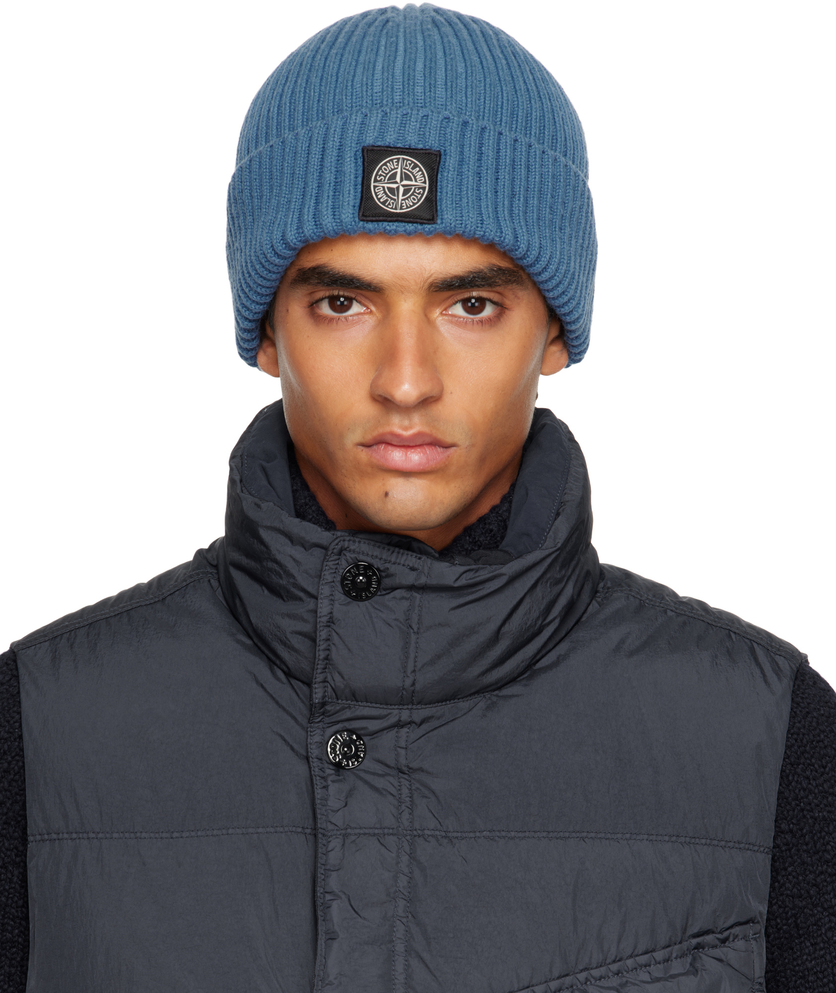 Stone Island Ribbed Knit Beanie Hat With Folded Cuff In Blue