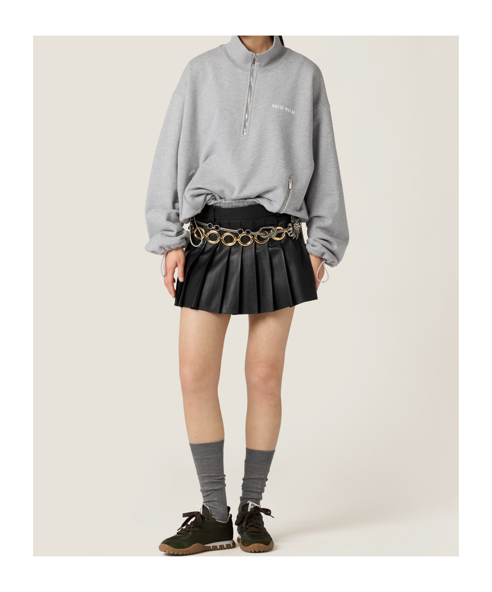 Miu Miu Cotton Fleece Zipper Sweatshirt In Gray