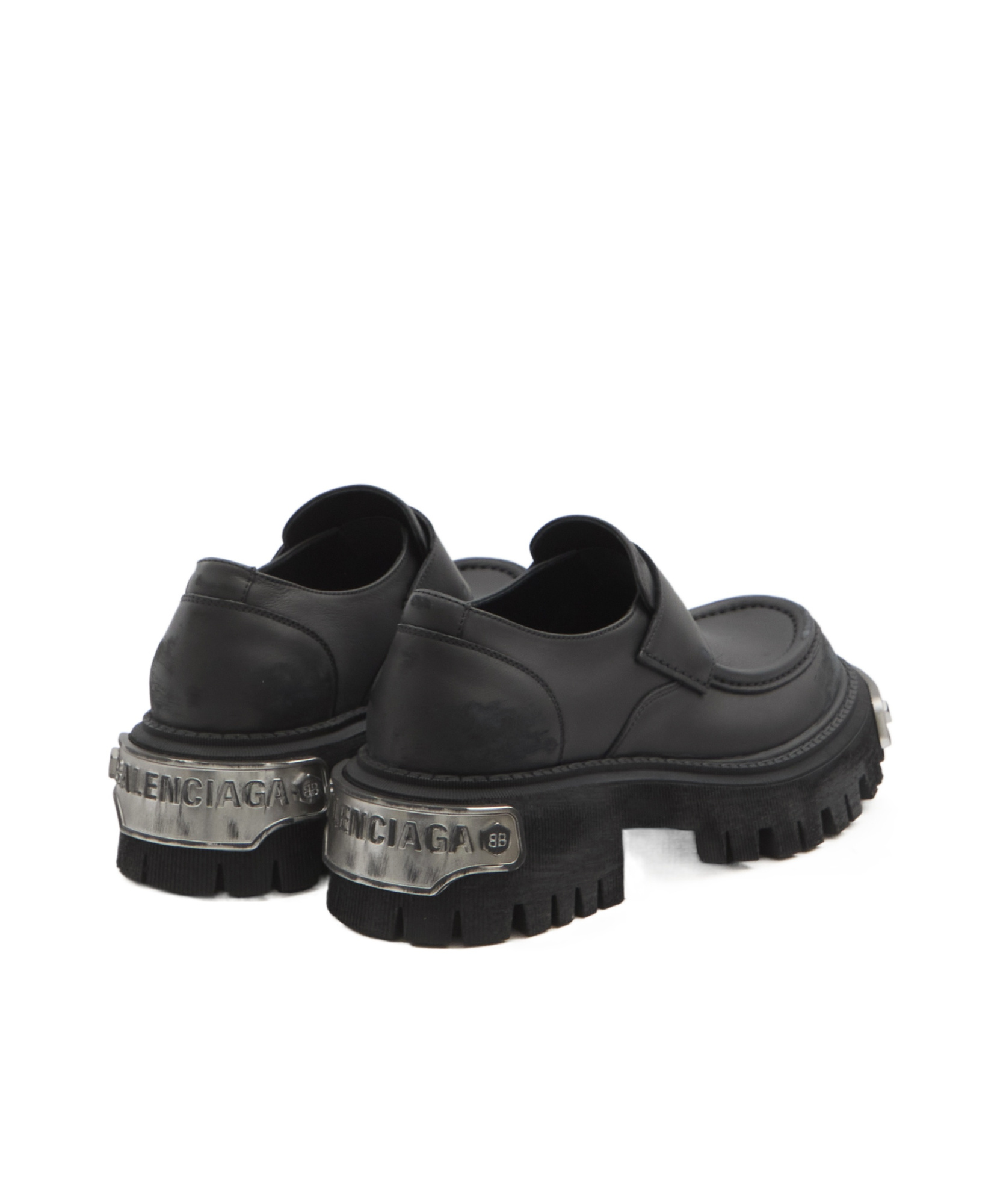 Balenciaga Black Leather Tractor Loafers Men In Blacksilver
