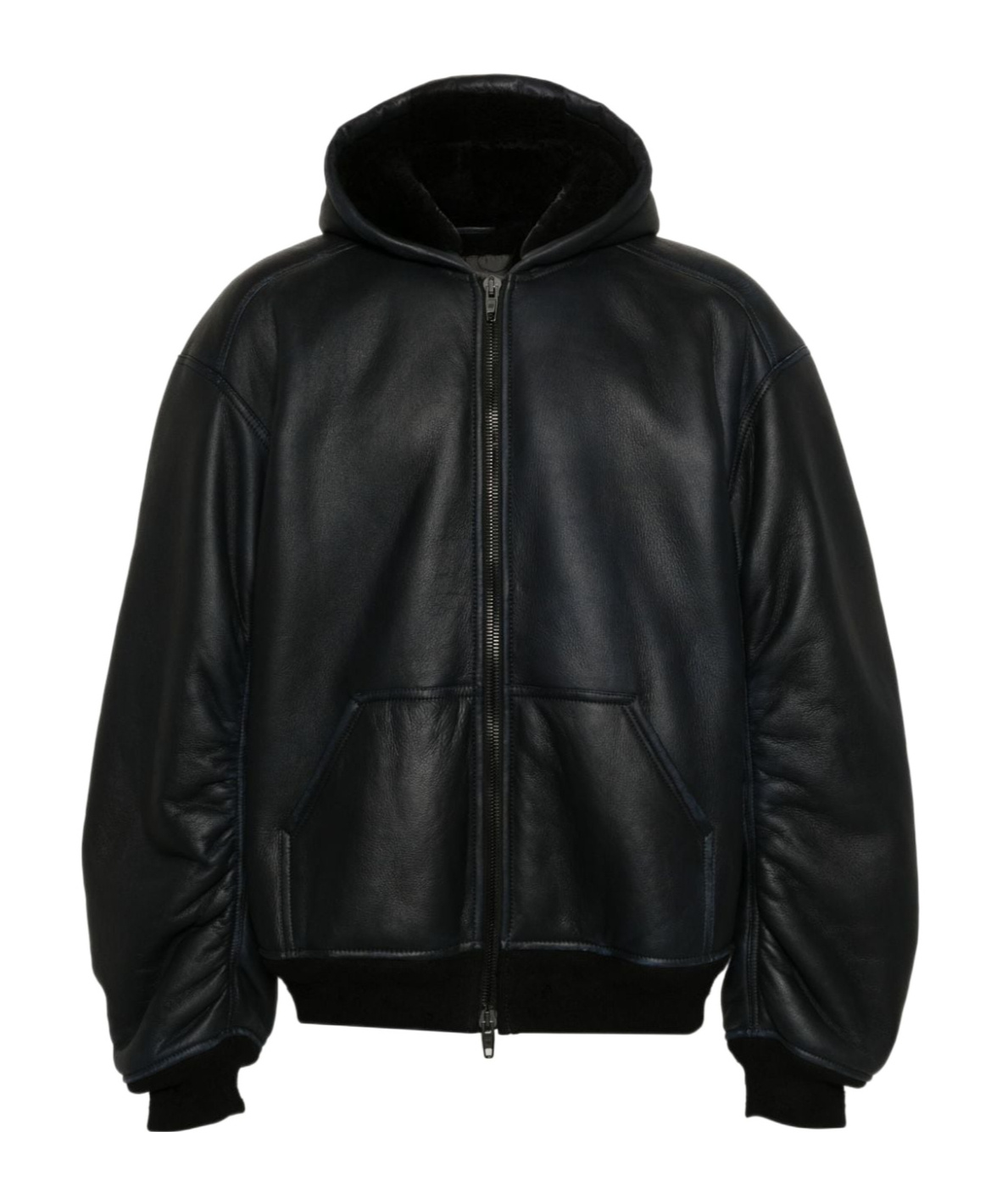 Balenciaga Hooded Leather Bomber Jacket In Black