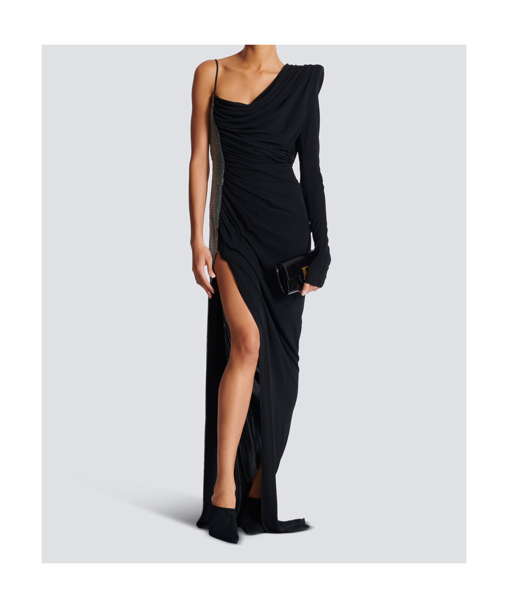 Balmain Draped Asymmetrical Two-material Dress In Black