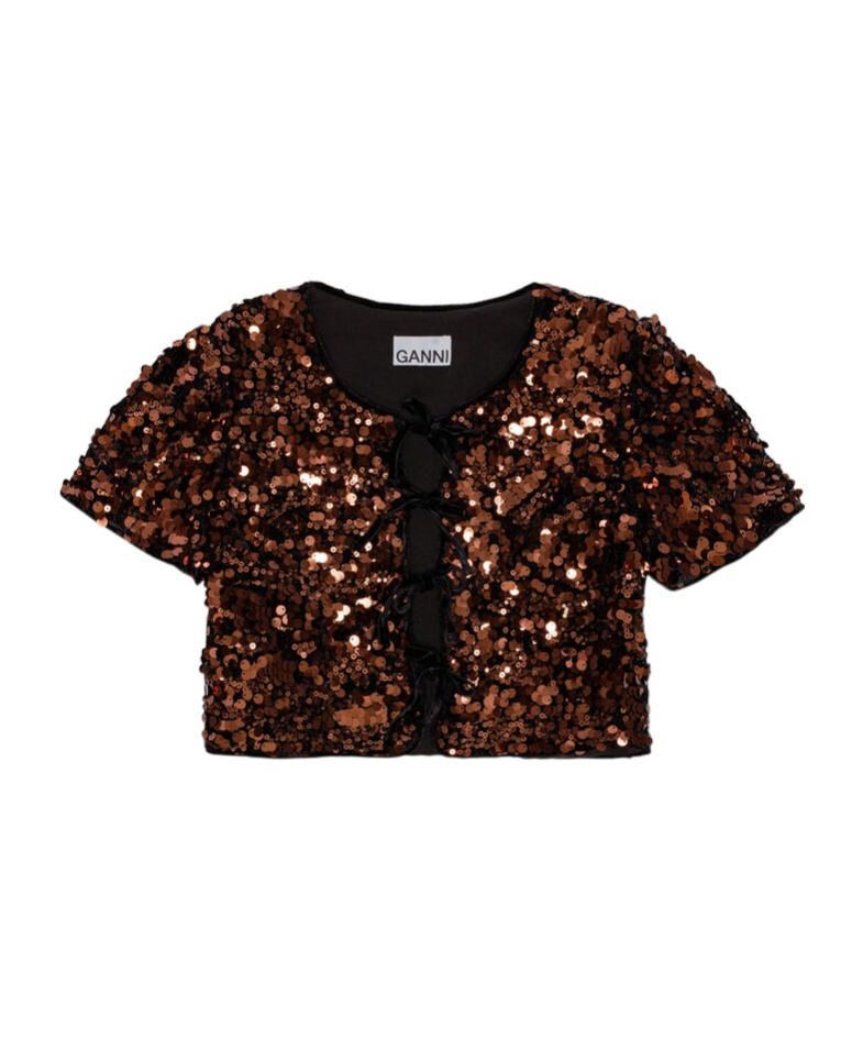 Ganni Sequined Velvet-trimmed Crop Top In Black