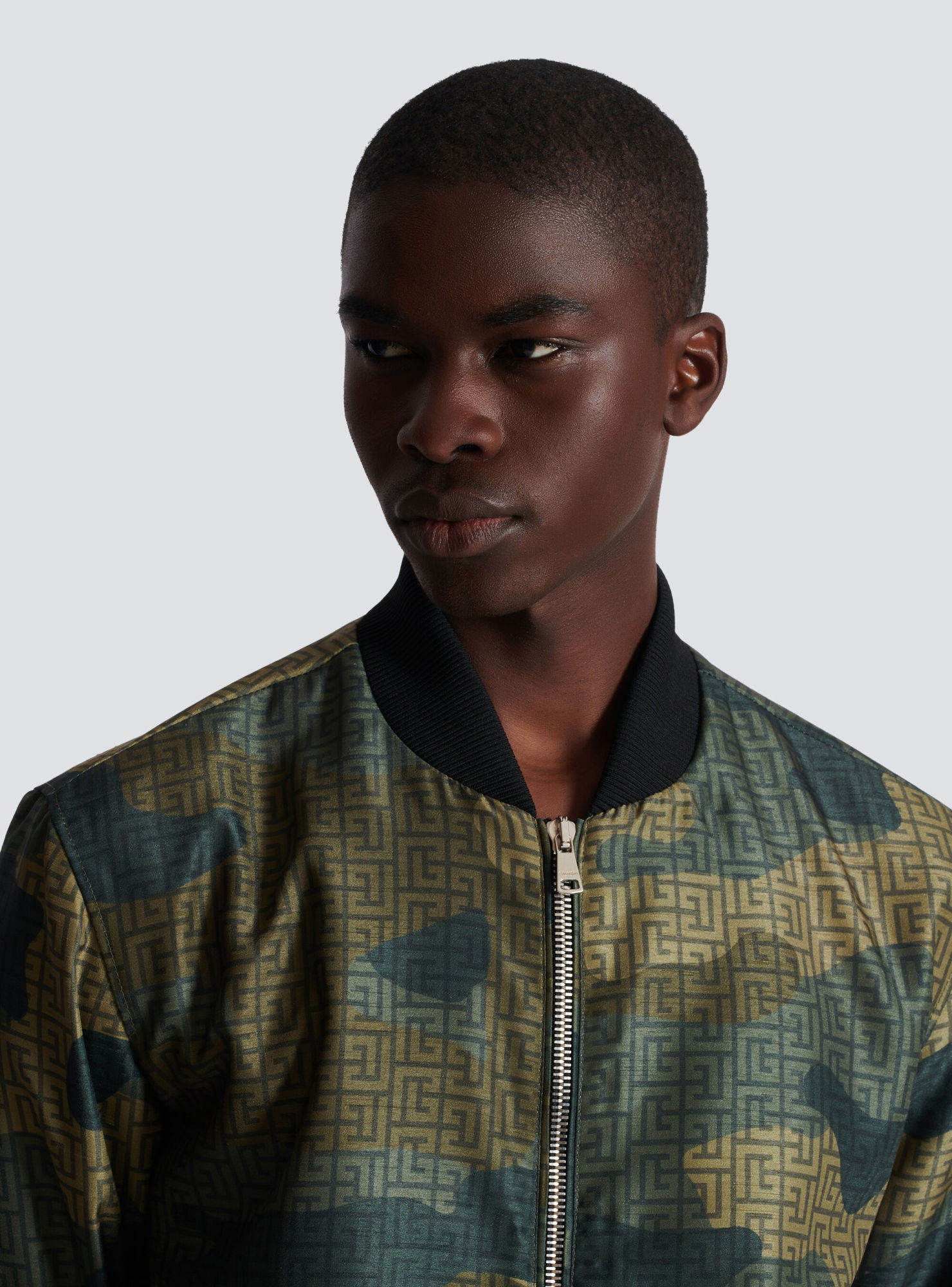 Balmain Monogram Camouflage-print Bomber Jacket In Gray