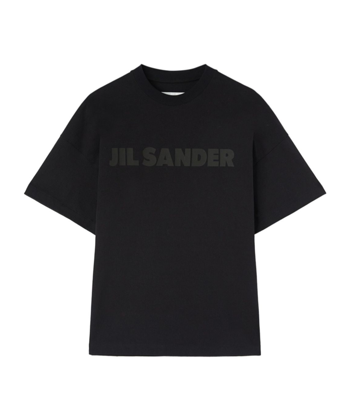 Jil Sander Round Neck Black Cotton T-shirt With Tonal Logo Print In Black
