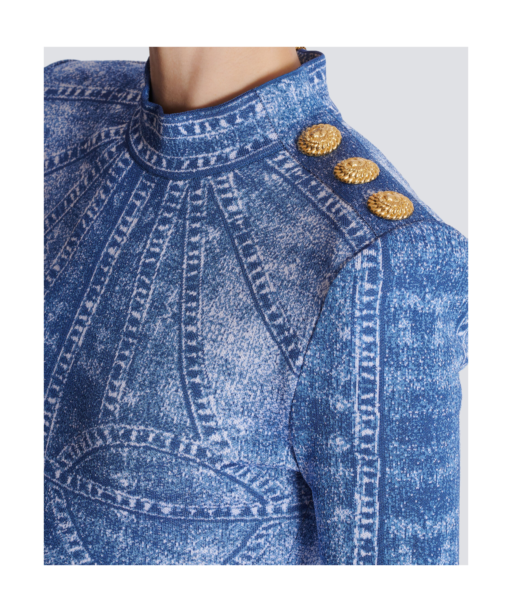 Shop Balmain Short Jacquard Knit Dress With Denim Effect In Blue