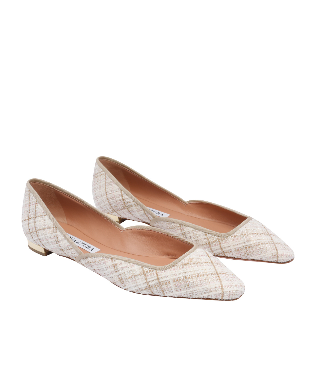 Aquazzura Check Tweed Pointed Toe Ballet Flats In White