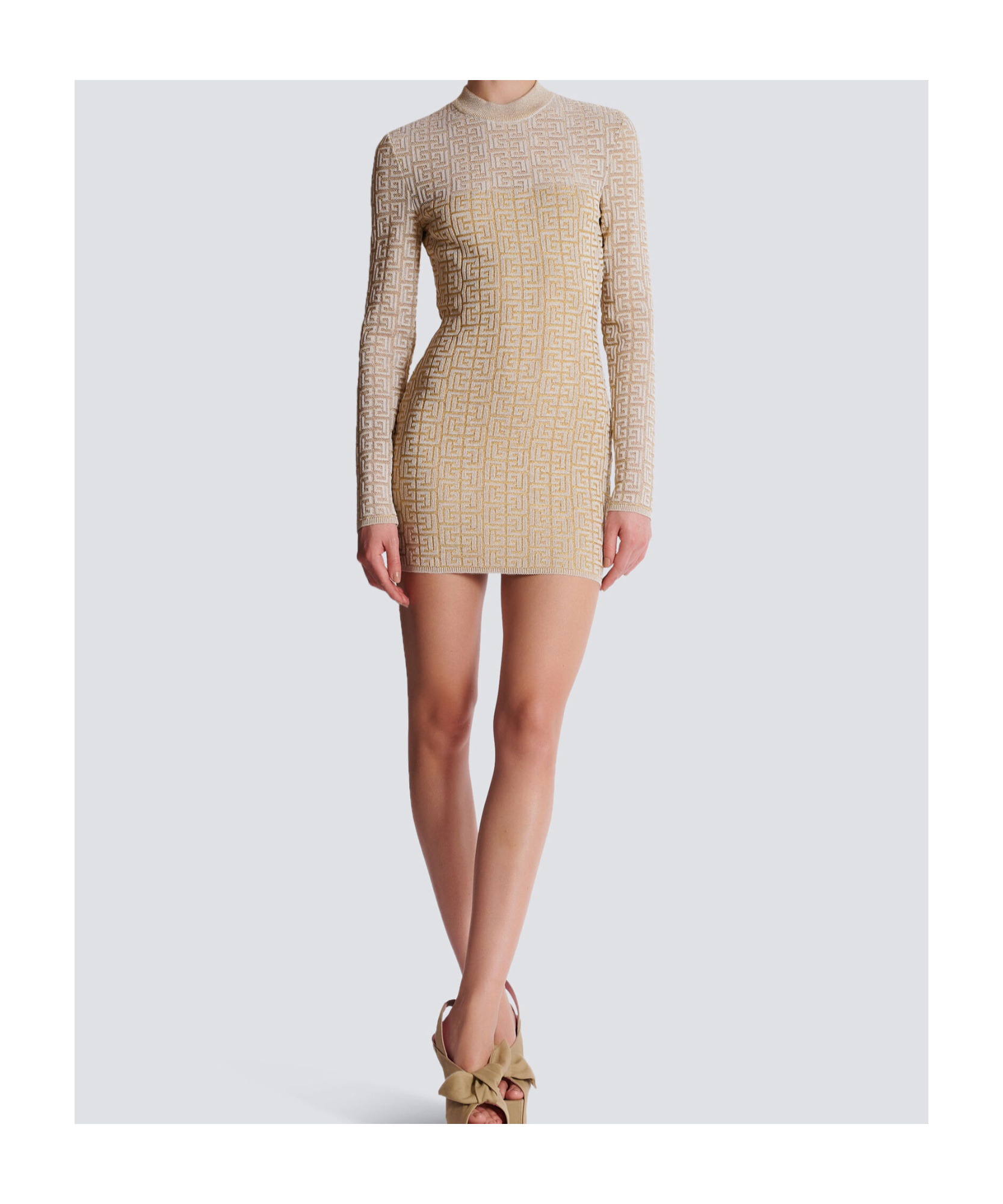Balmain Labyrinth Monogram Long-sleeved Dress In Nude