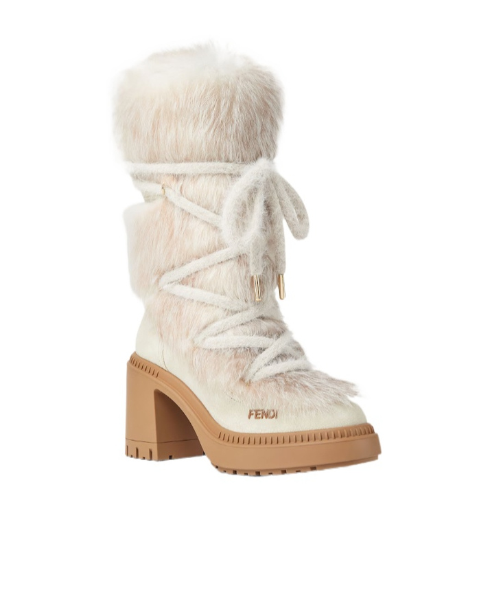 Fendi Medium-heeled Boots In White Shearling And Suede In White