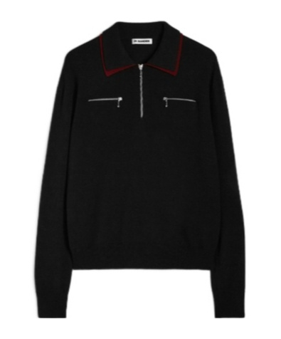 Jil Sander Black Sweater With Classic Collar And Front Zip Pockets In Wool Man In Black