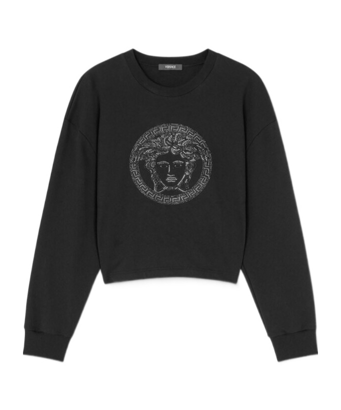 Versace Women's Sweatshirt Medusa With Crystal And Lurex Embroidery Yd Cotton Fleece In Black