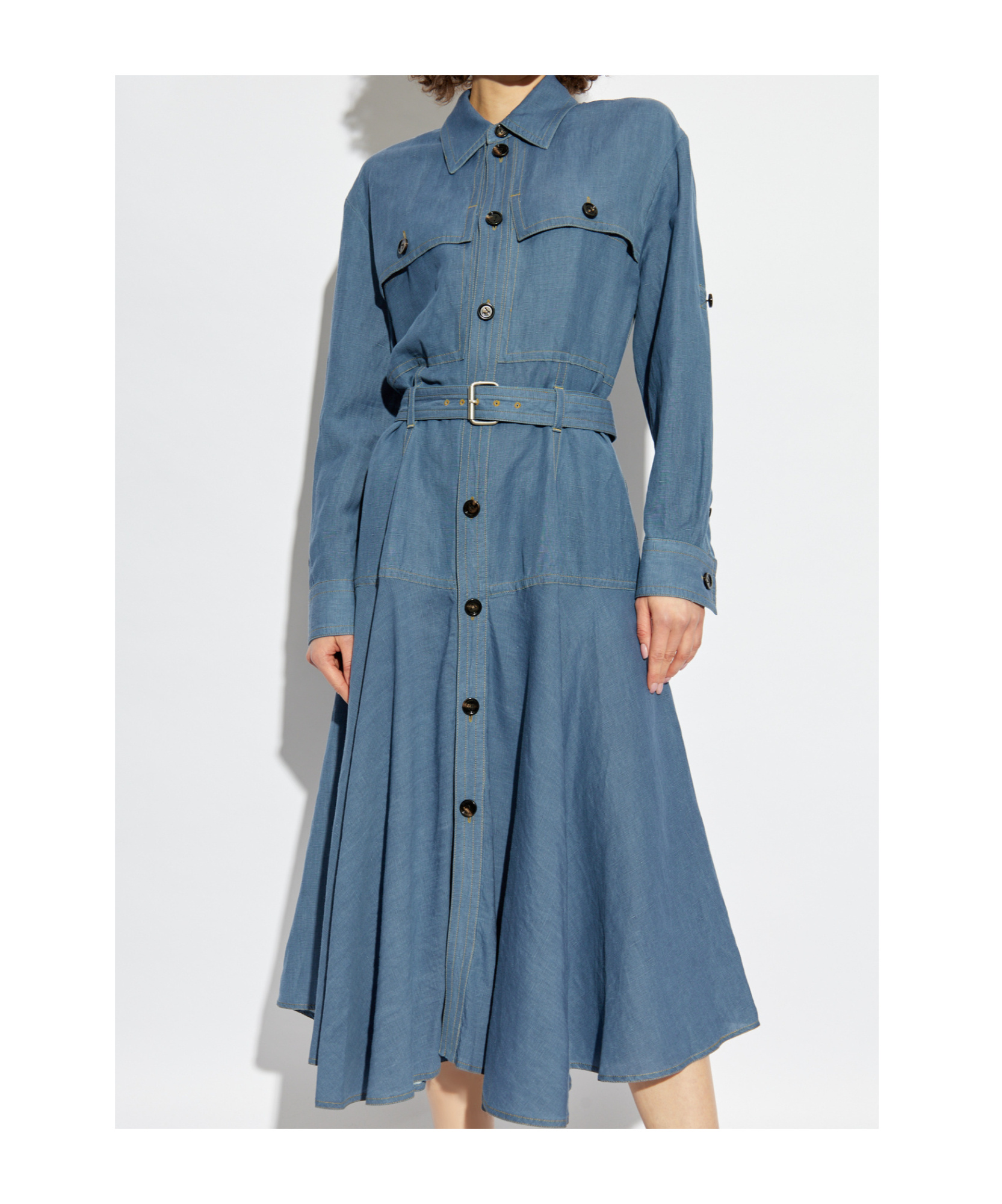 Shop Bottega Veneta Flared Denim Shirt Dress In Blue