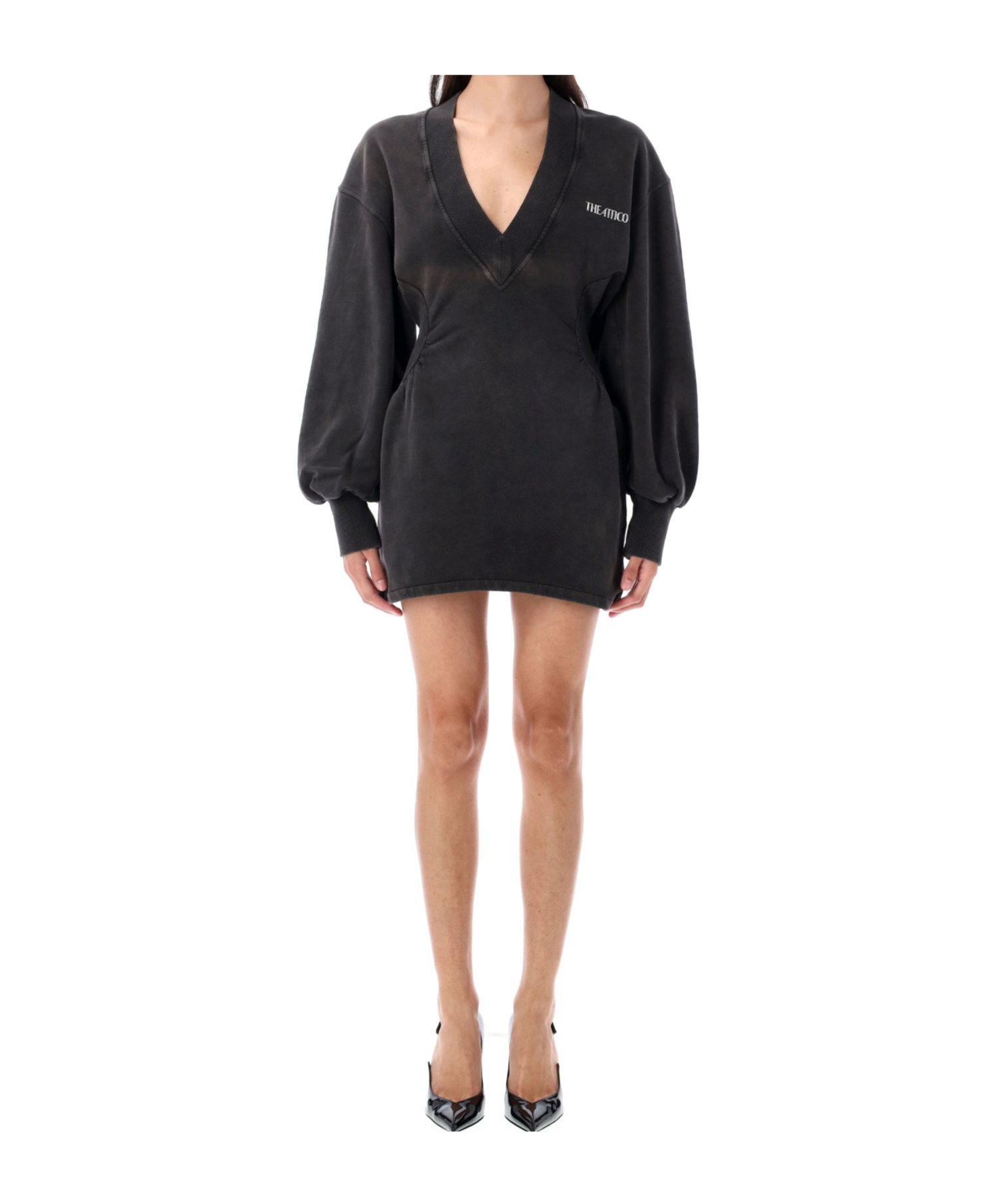 Attico V-neck Mini Dress With Embossed Logo In Black