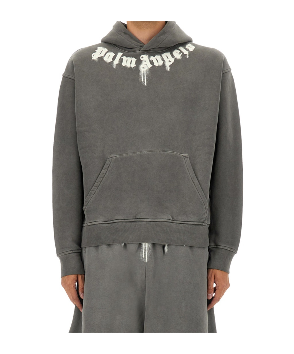 Palm Angels Cotton Hooded Sweatshirt Kangaroo Pocket In Gray