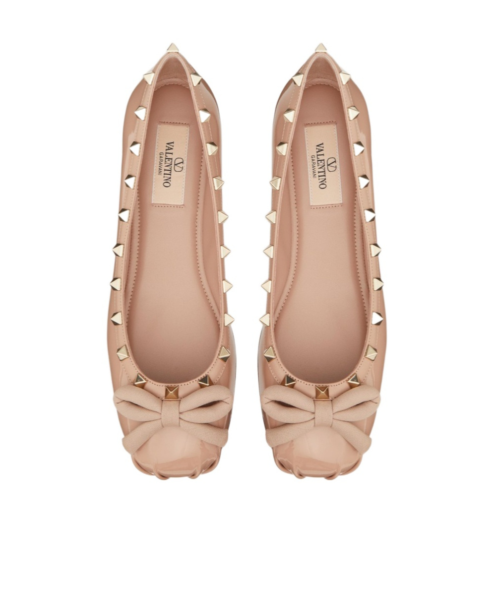Valentino Leather Ballet Flats With Bow And Studs In Nude