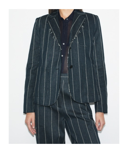Tory Burch Pinstripe Frayed-edge Blazer In Blue