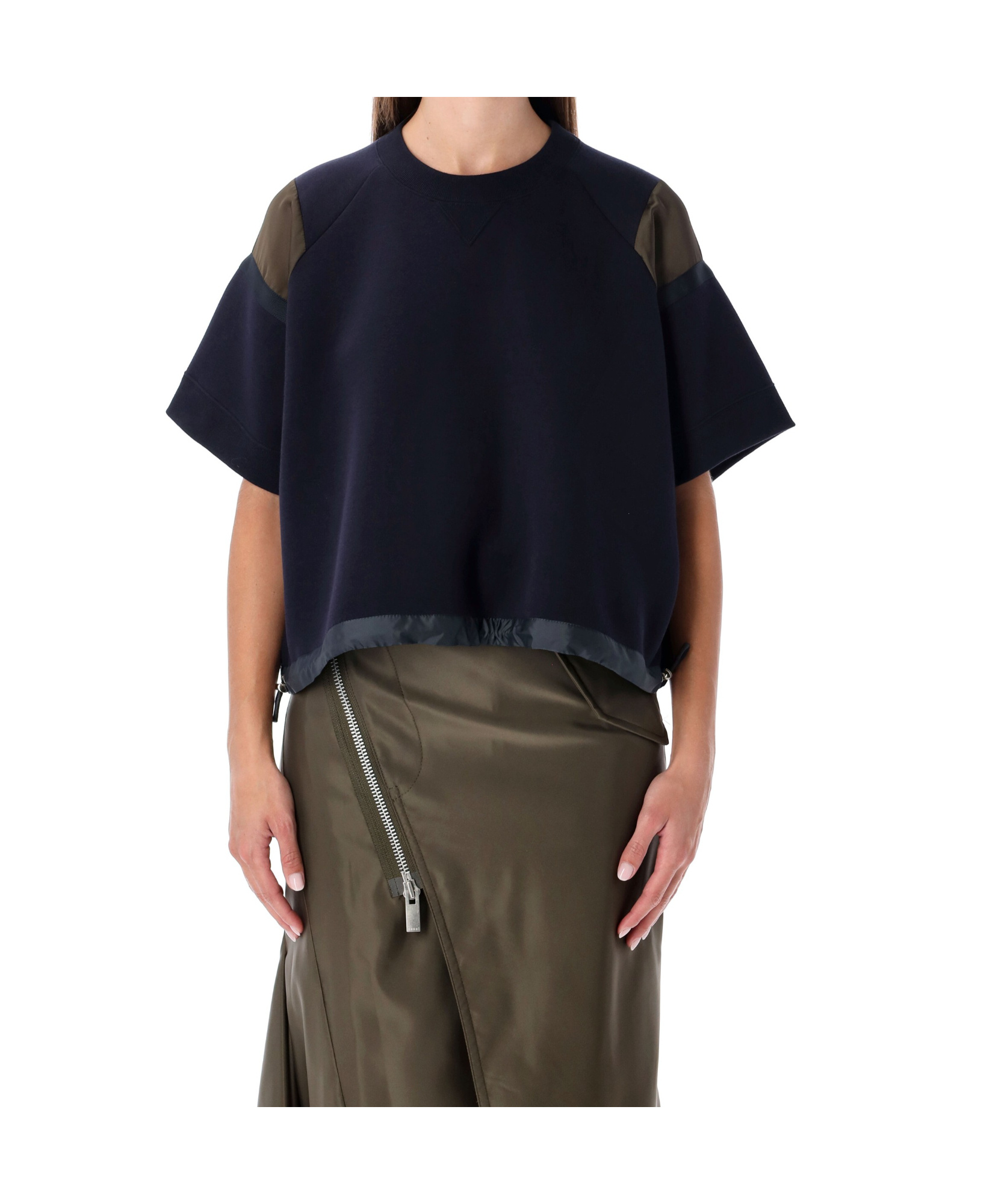 Sacai Oversized Technical Cotton T-shirt With Adjustable Drawstring Hem In Blue