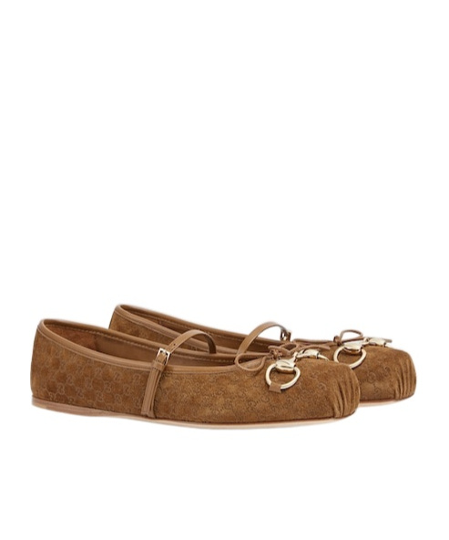 Gucci Beige Ballet Shoes With Horsebit And Bow Detail In Gg Canvas Woman In Brown