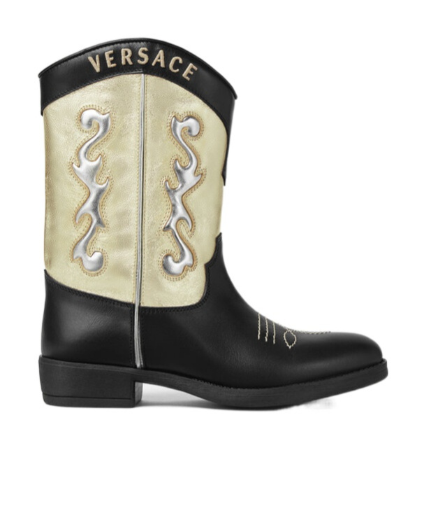 Versace Girl's Calf Leather Laminated Embroidered Boots, Kids In Black