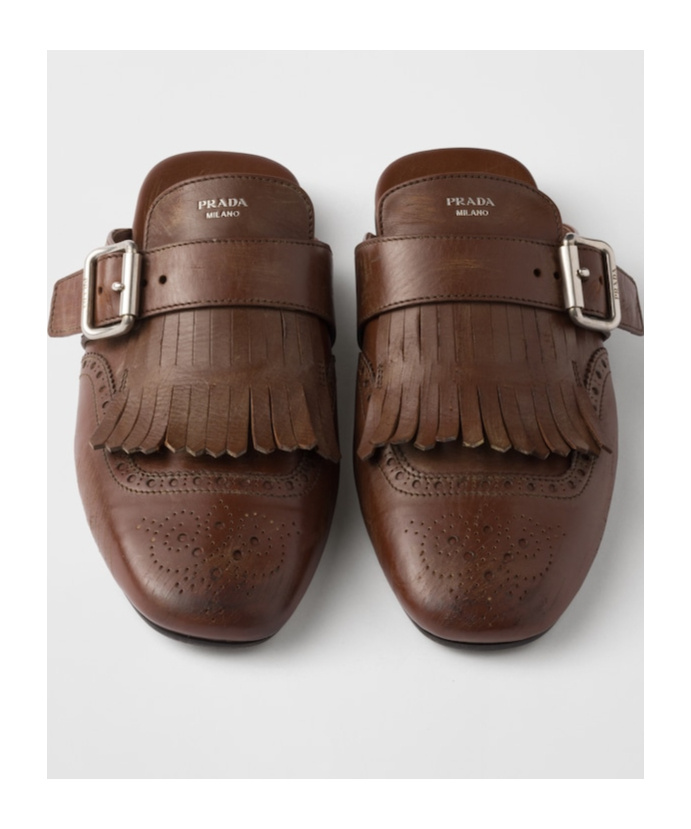 Prada Cognac Leather Shuffle Fringed Mules In Brown