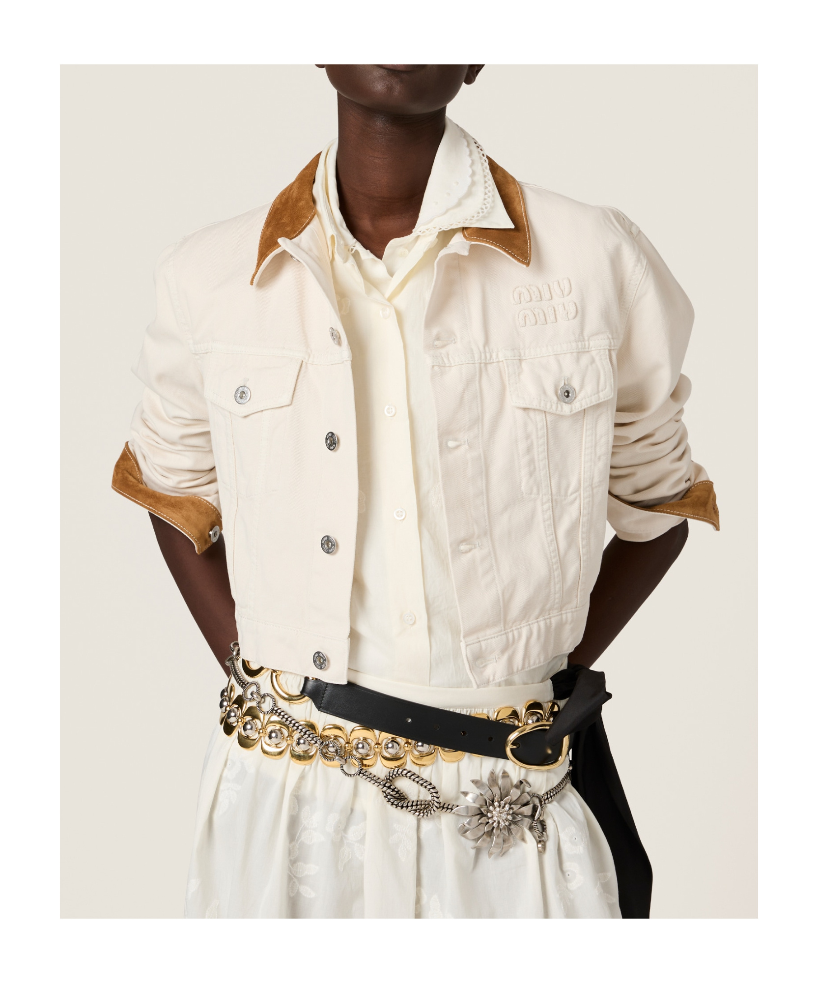 MIU MIU DENIM AND LEATHER BLOUSON JACKET