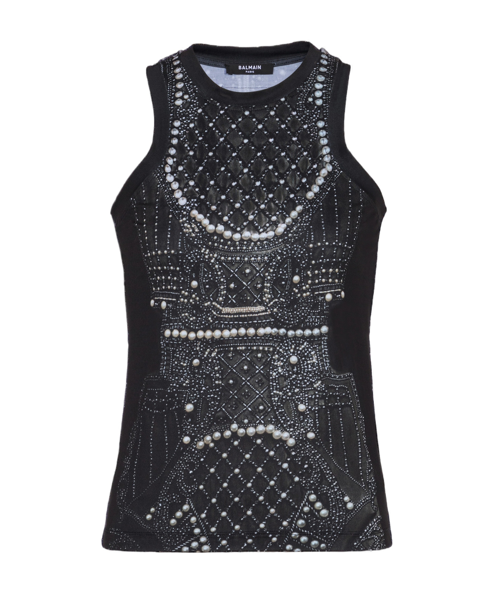 Balmain Soft Tank Top With Faux Embroidery Print In Black