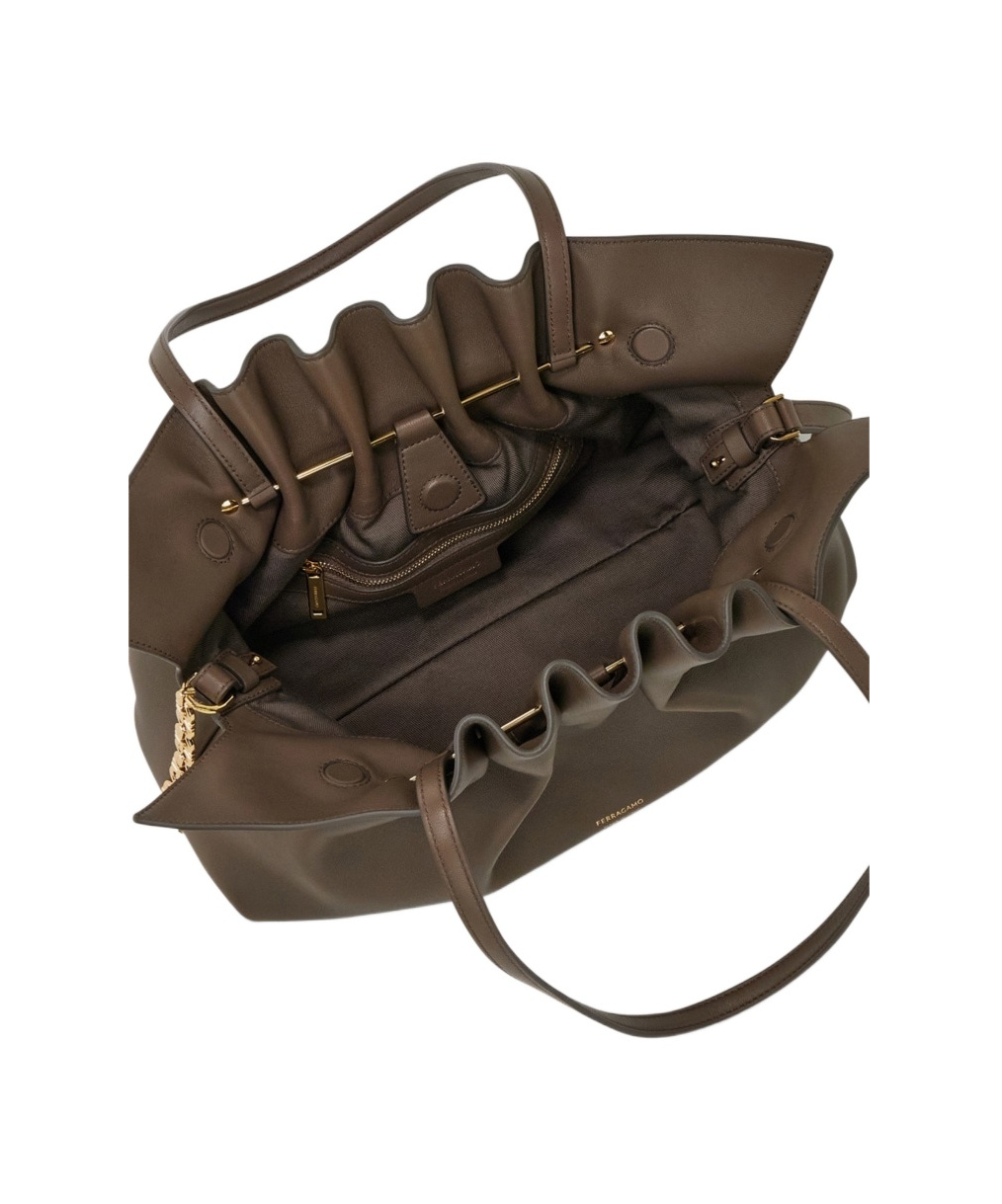 Ferragamo Soft Ruched Leather Tote Bag In Gray