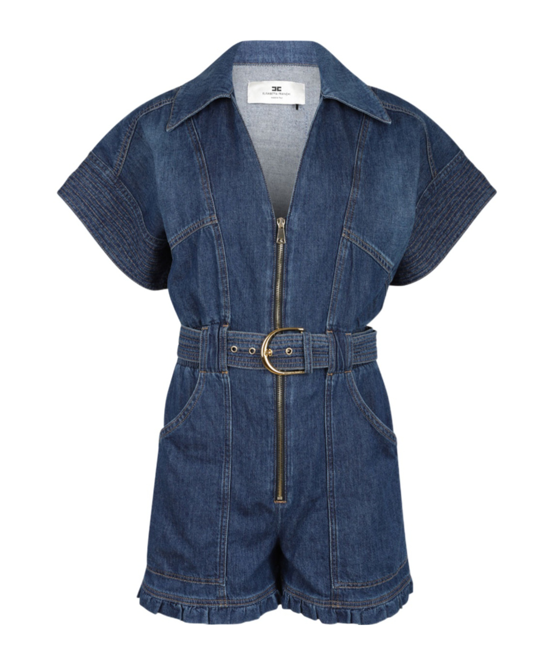 Elisabetta Franchi Mc Short Denim Monkey With Belt Detail