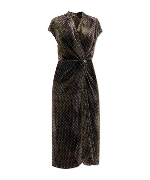 Dries Van Noten Printed Velvet Wrap-effect Midi Dress In Brown