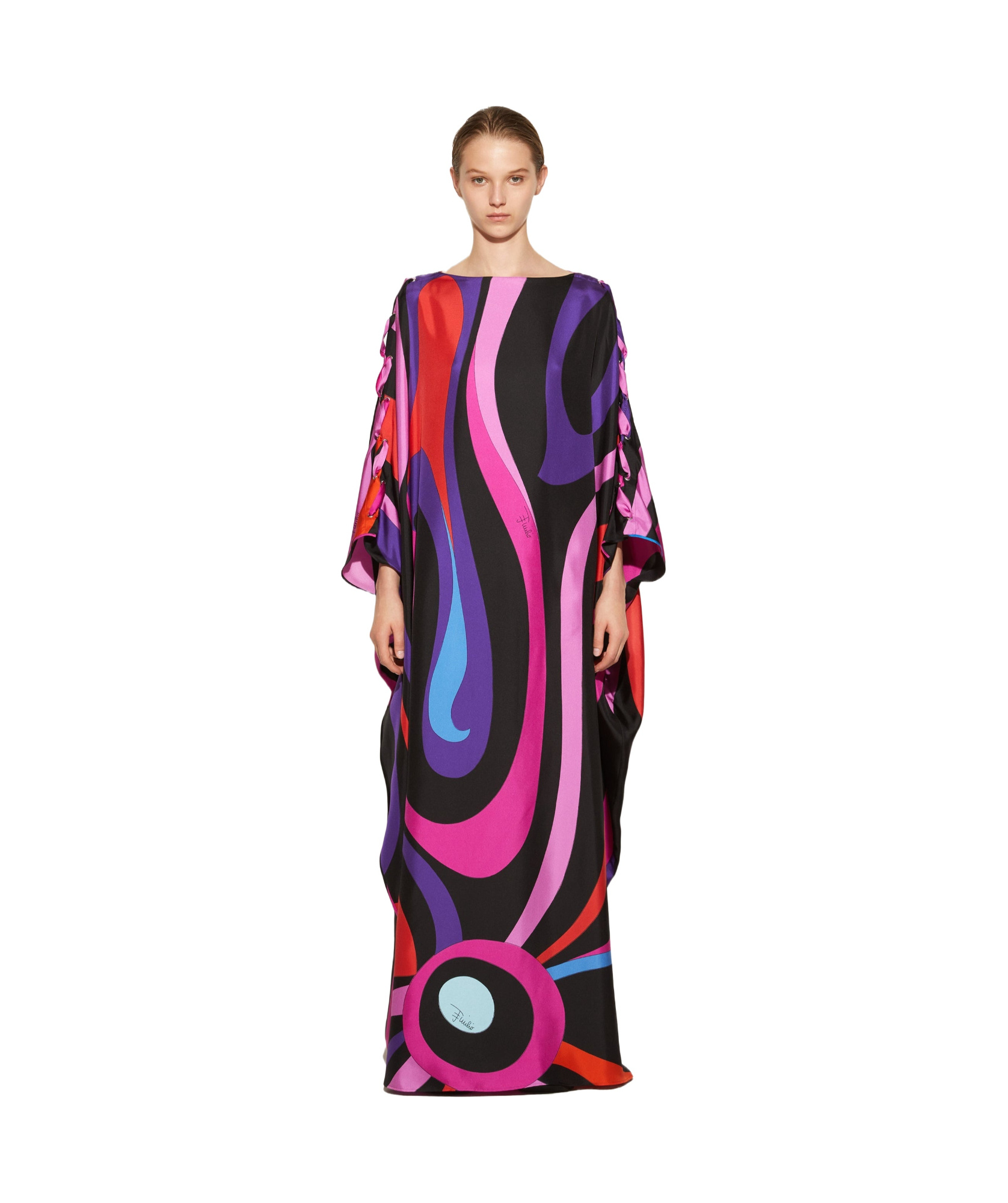 Pucci Abstract Print Silk Caftan Dress With Boat Neck And Long Sleeves In Black