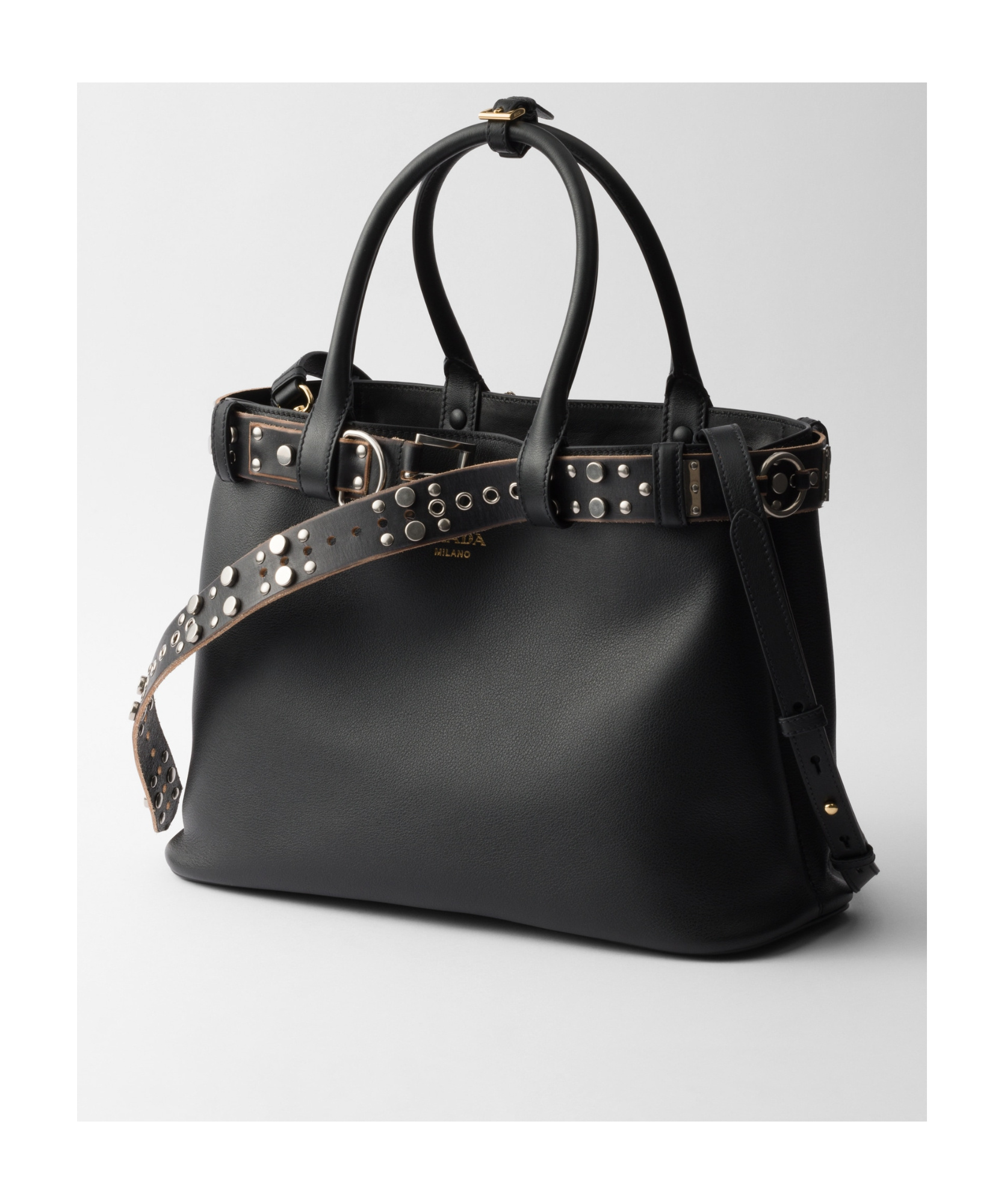Prada Large Buckle-detail Tote Bag In Black