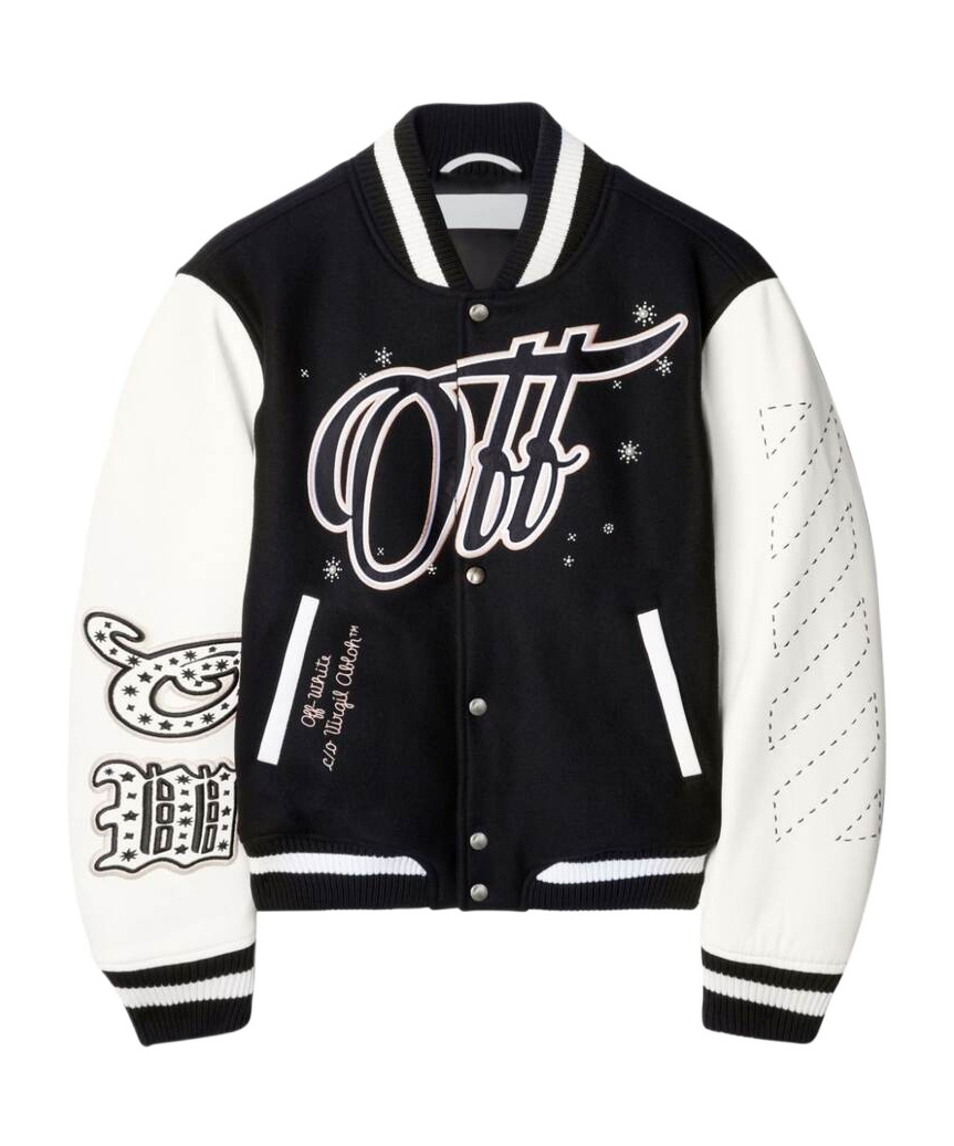 Off-white Wo Emb Bling Stars Varsity Jacket In Black