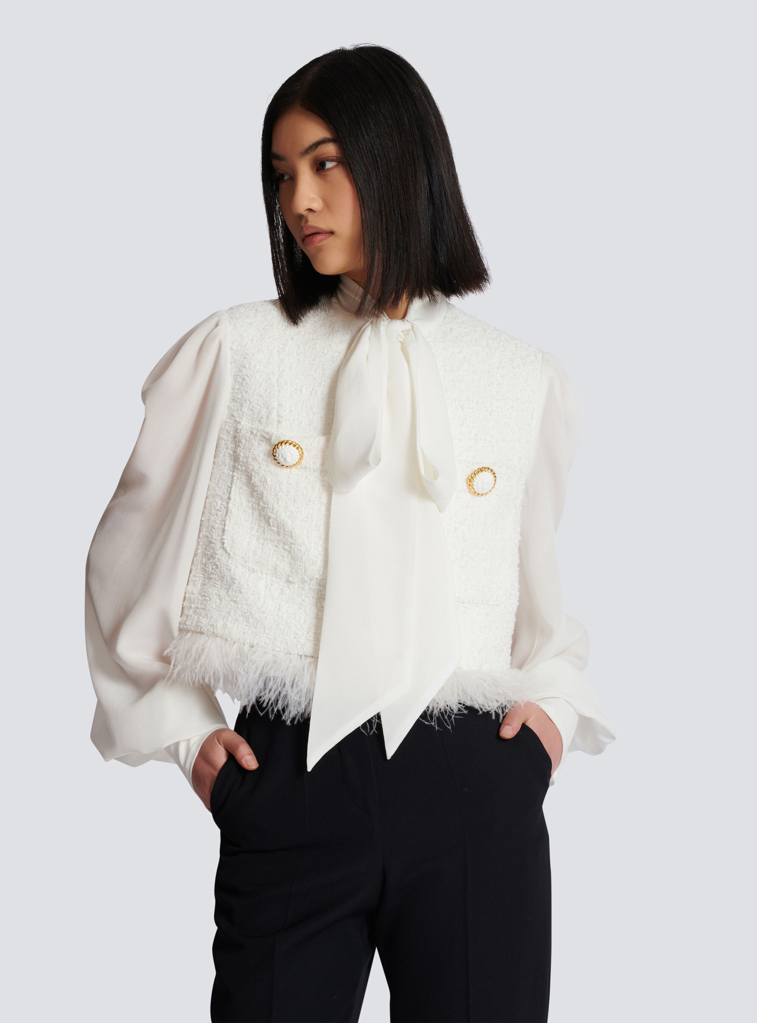 Shop Balmain Tweed And Crepe Jacket In White