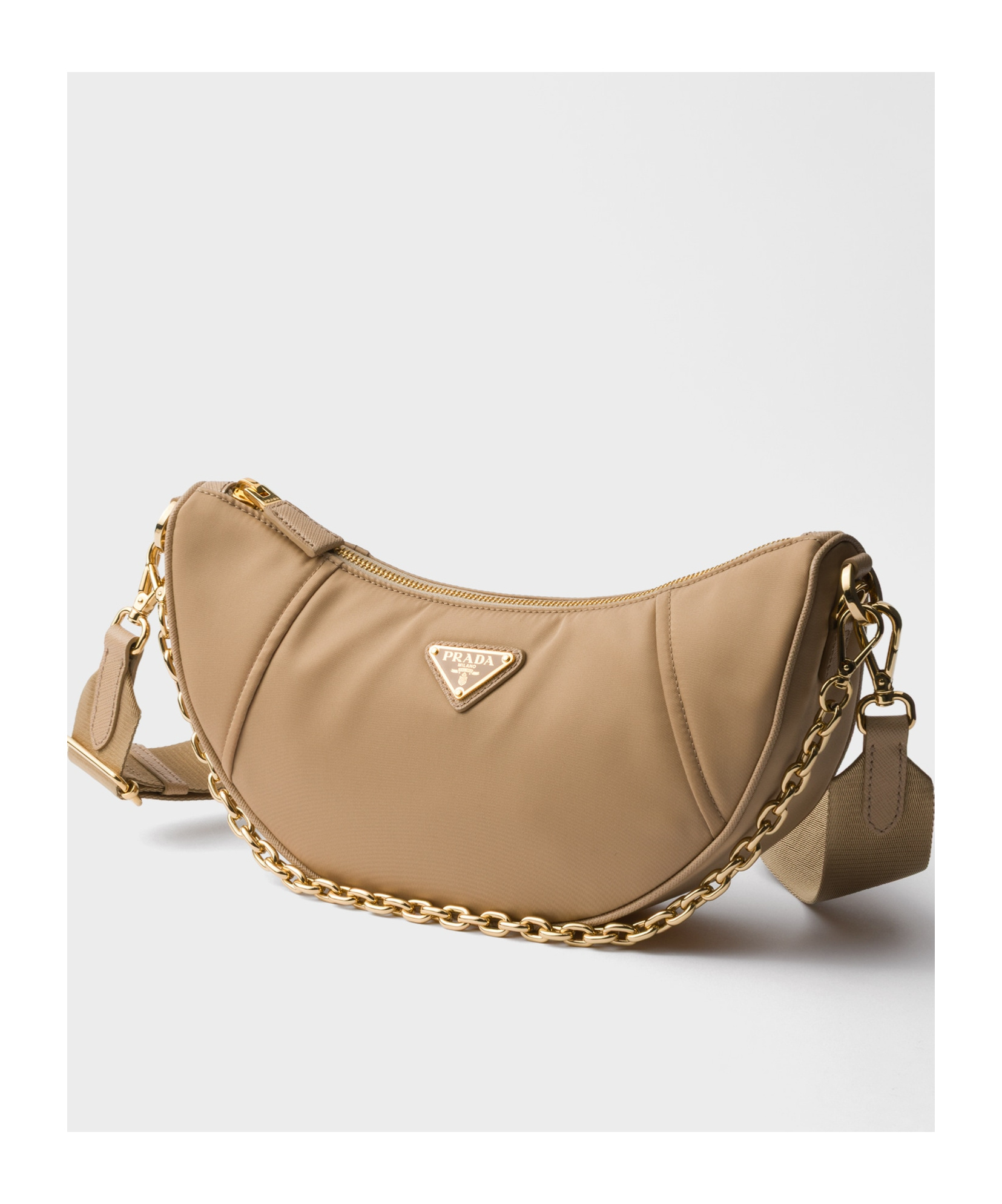 Prada Demi-lune Re-nylon Shoulder Bag In Camel Brown