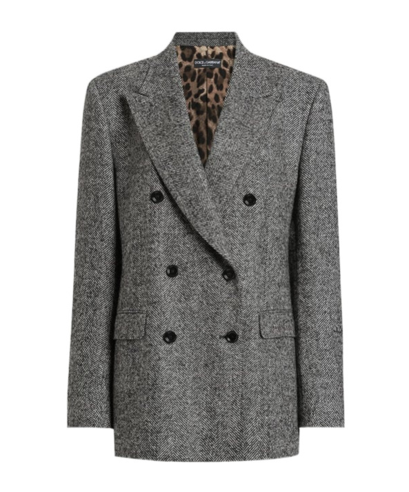 Dolce & Gabbana Double-breasted Herringbone Jacket With Animal Print Lining Clothing In Gray
