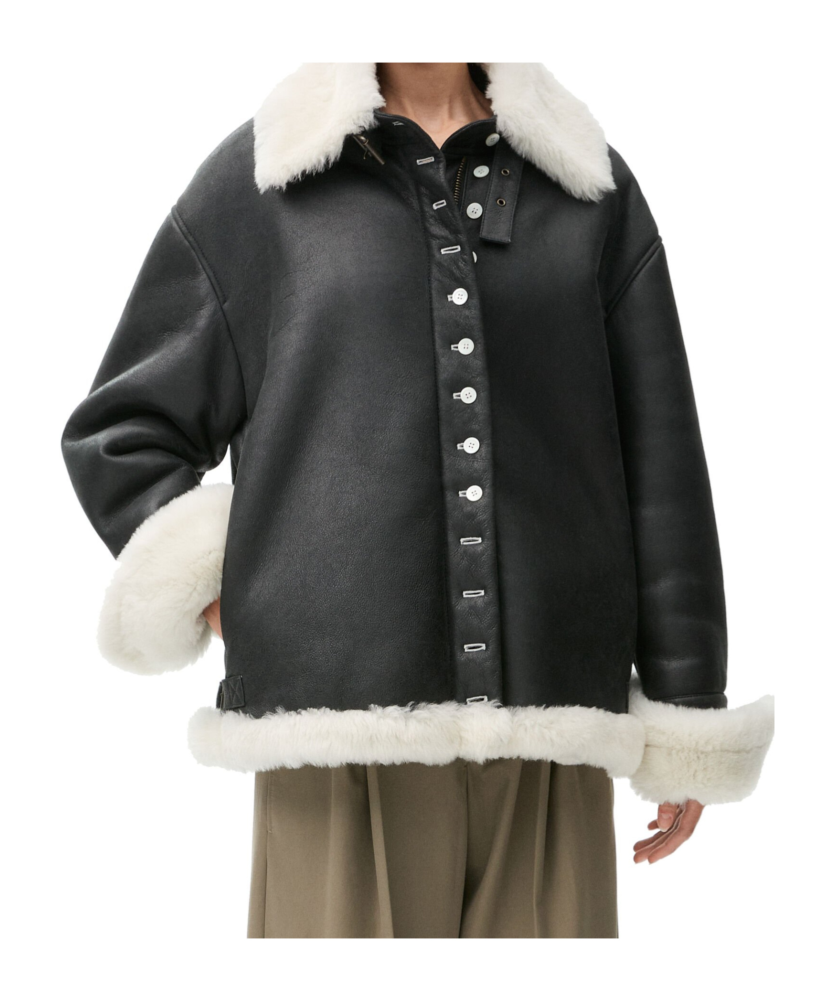 Loewe Buttoned Shearling Leather Jacket In Black