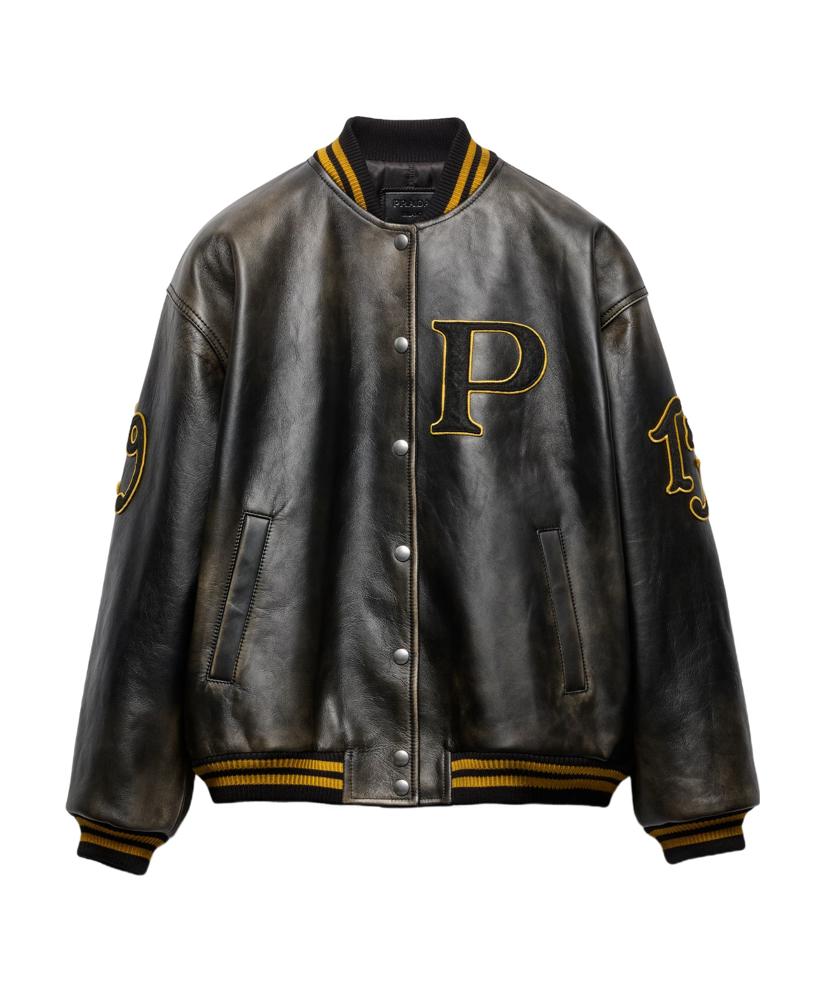 Prada Leather Bomber Jacket With Patch In Black