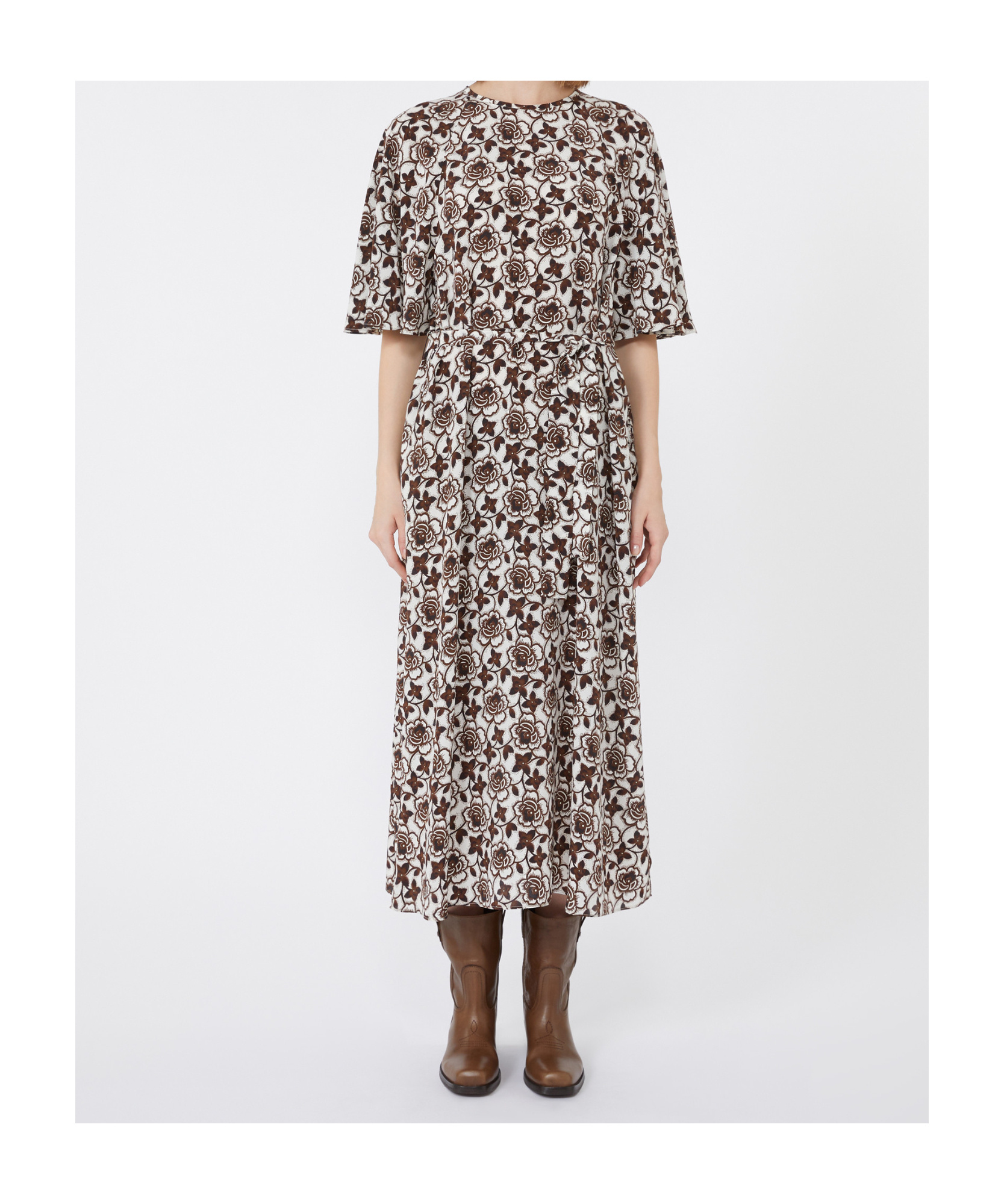 Weekend Max Mara Floral-print Short-sleeve Midi Dress In Brown