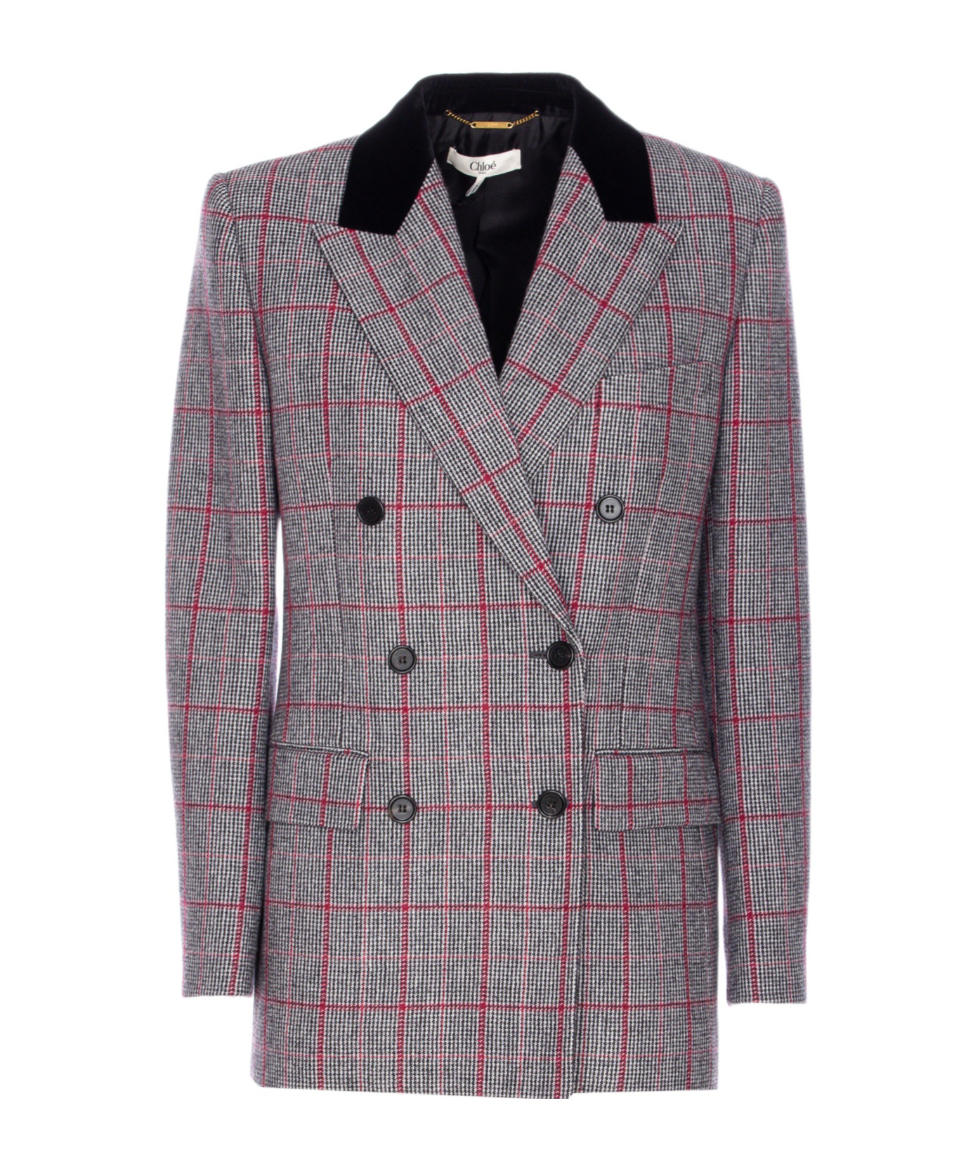 Chloé Double-breasted Velvet-trimmed Checked Wool Blazer In Gray