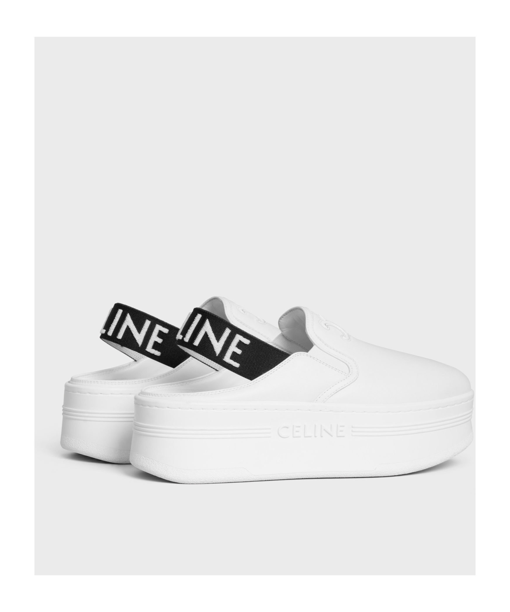 Celine Block Wedge Mule In Calfskin And Textile With Jacquard In Fluorescent White/black