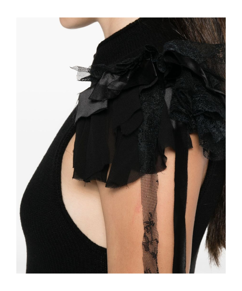 Alberta Ferretti Mock-neck Ruffle-shoulder Cashmere-wool Rib Tank Top In Black