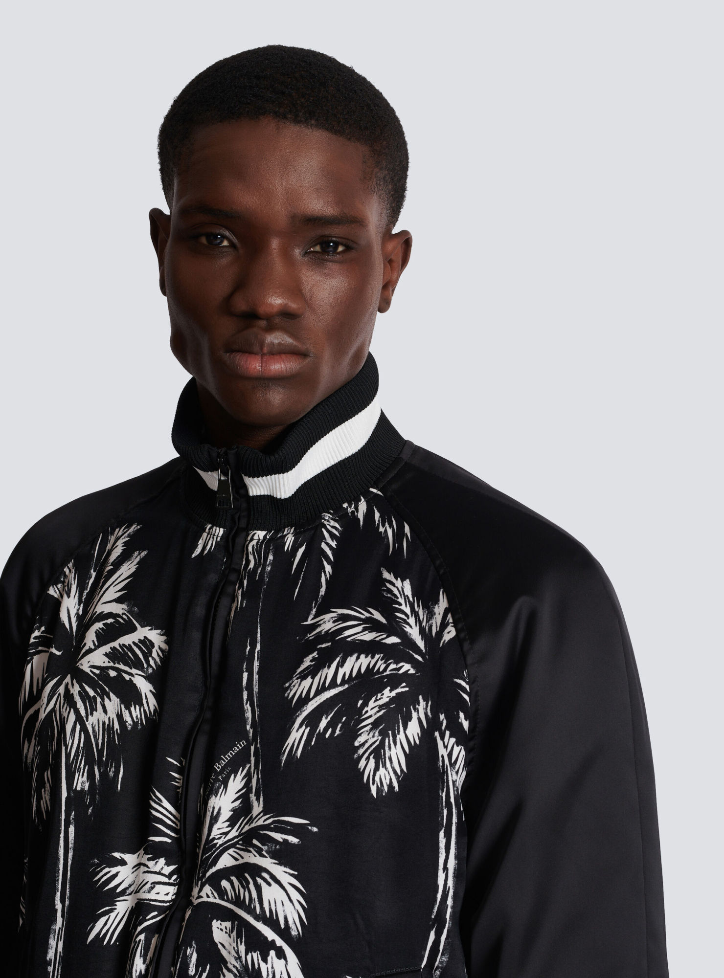 Balmain Printed Satin Palm Tree Bomber Jacket In Black