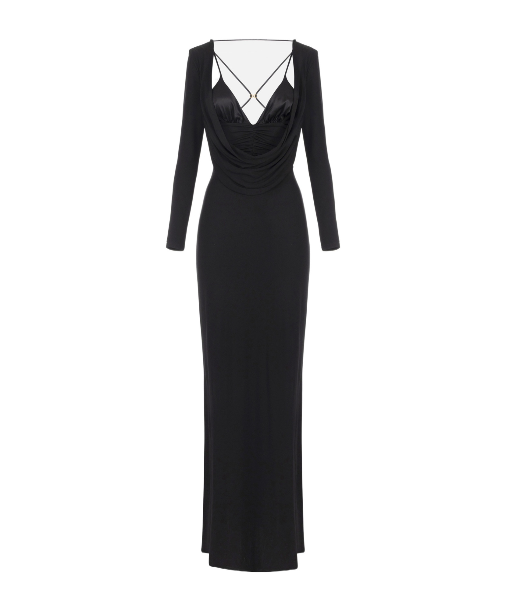 Elisabetta Franchi Draped Black Maxi Dress With Deep Neckline In Black