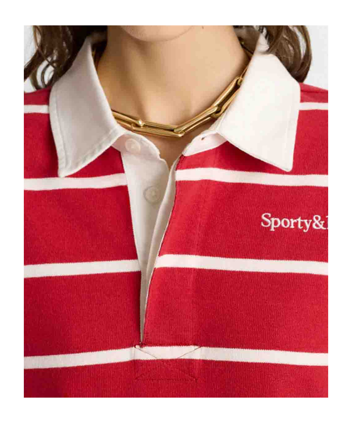 Sporty And Rich Womens Serif Rugby Striped Cotton-knit Polo Shirt Ruby White In Red